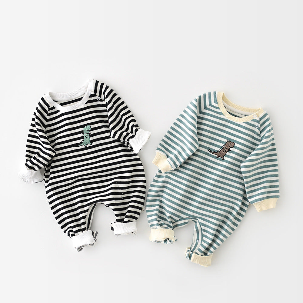 Lullary Little Dino embroidered cotton long-sleeve baby jumpsuit