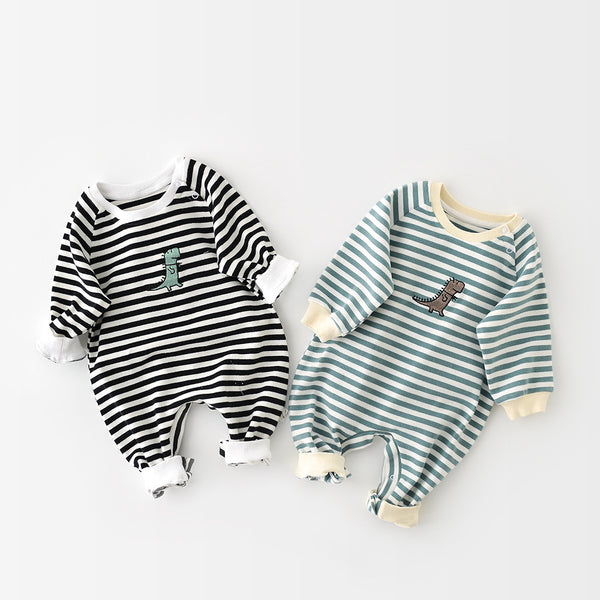 Little Dino Cotton Jumpsuit — Long-Sleeve Embroidered